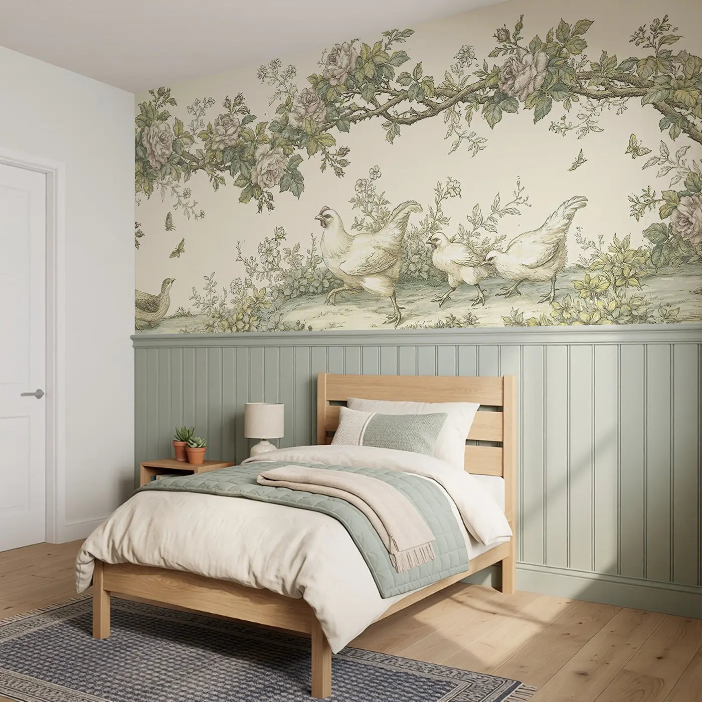 Chicken Rose Vine Scene Wainscoting Wallpaper styled in a kids bedroom by Whimsy Tots