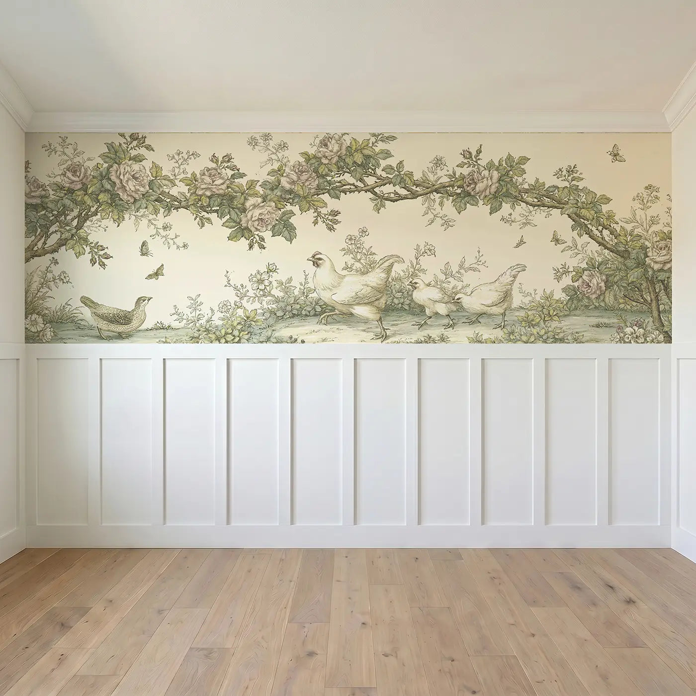 Full panel view of Chicken Rose Vine Scene Wainscoting Wallpaper by Whimsy Tots