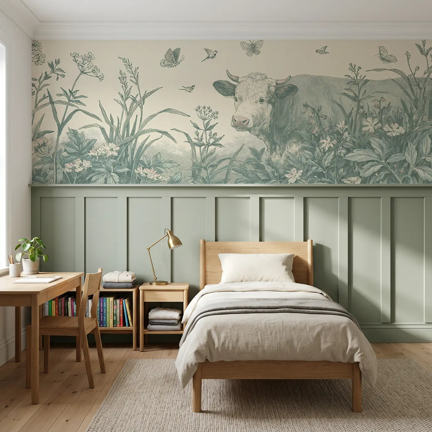 Botanical Elegance cow meadow wainscoting wallpaper for bedroom by Whimsy Tots.