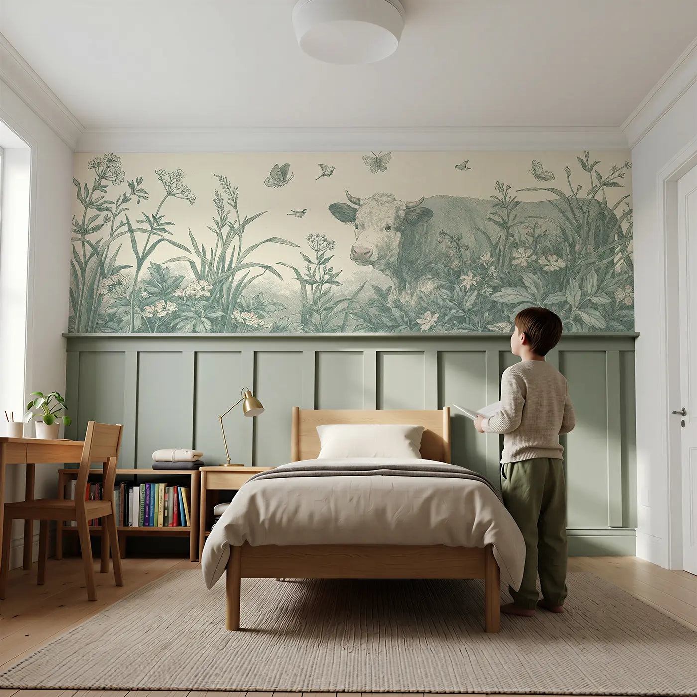 Child reading near Cow Meadow Botanical Wainscoting Wallpaper by Whimsy Tots