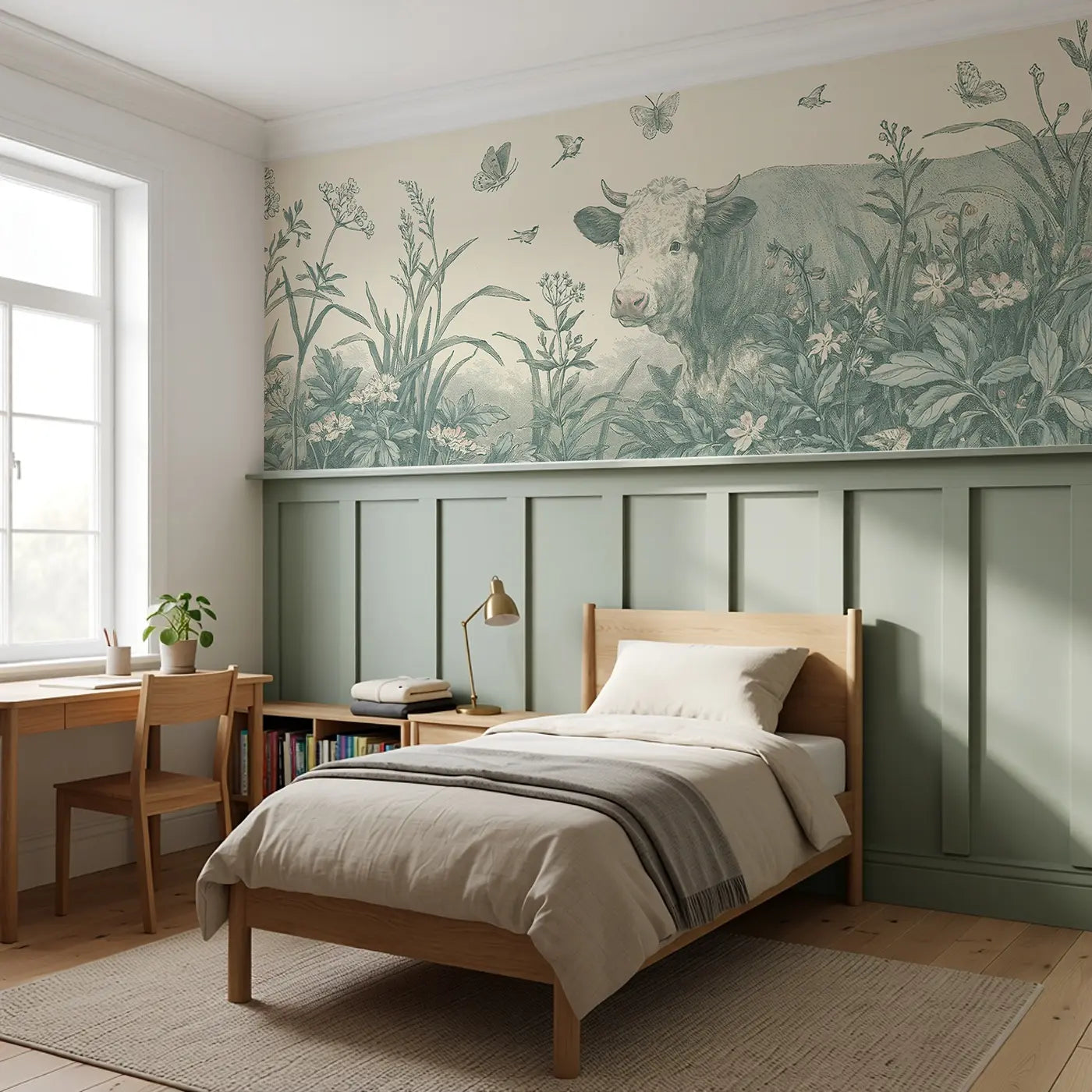 Cow Meadow Botanical Wainscoting Wallpaper styled in a kids bedroom by Whimsy Tots
