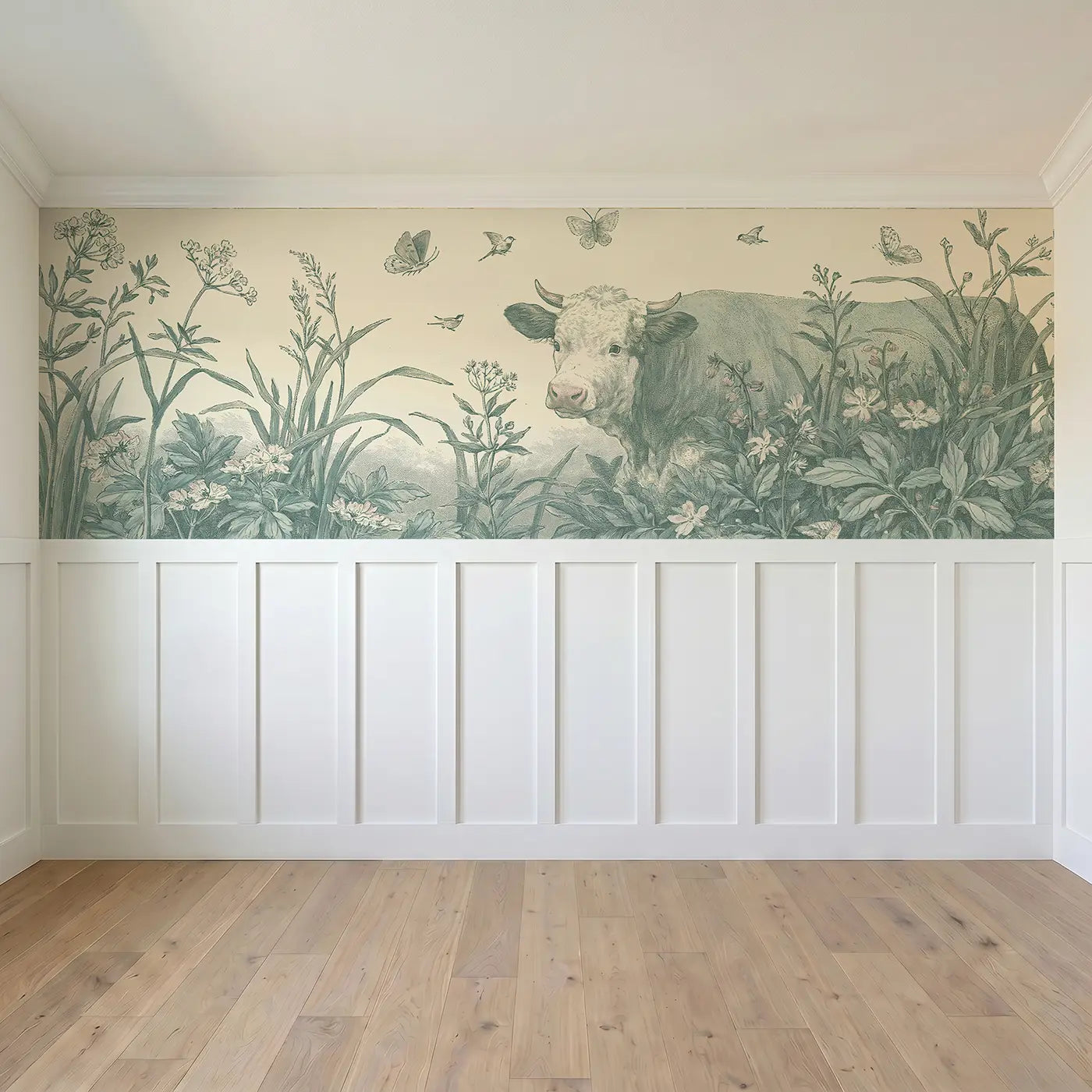 Full panel view of Cow Meadow Botanical Wainscoting Wallpaper by Whimsy Tots