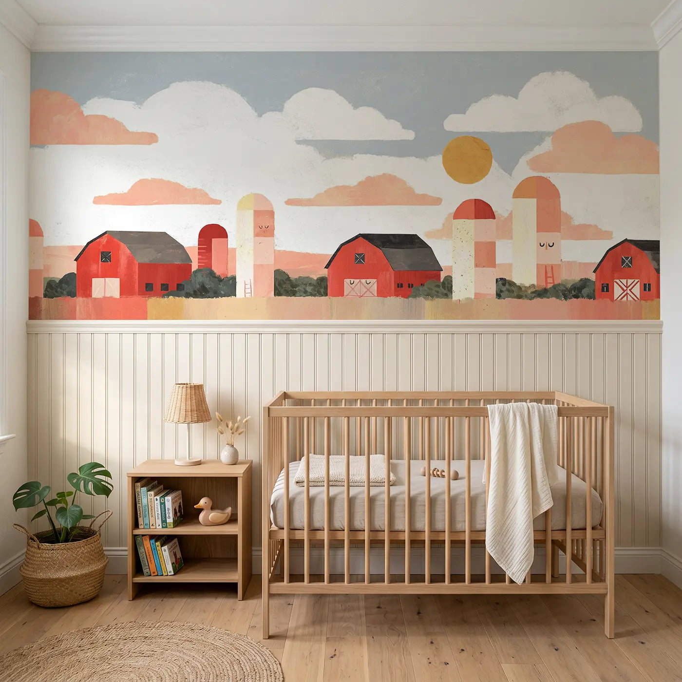 Modern Illustration farm barn row wainscoting wallpaper for nursery by Whimsy Tots.