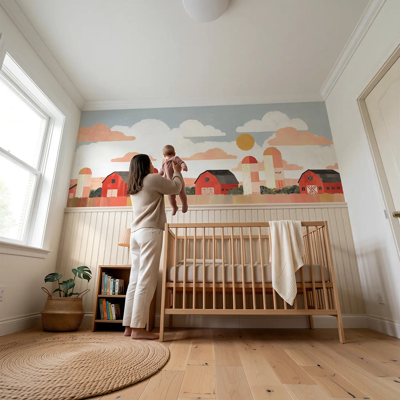 Child reading near Flat Farm Barn Row Wainscoting Wallpaper by Whimsy Tots
