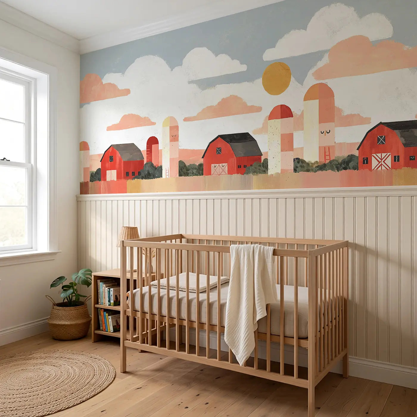 Flat Farm Barn Row Wainscoting Wallpaper styled in a kids bedroom by Whimsy Tots