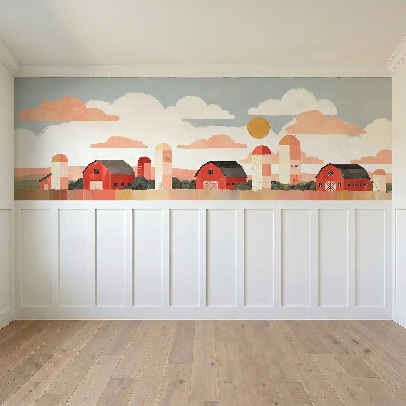 Full panel view of Flat Farm Barn Row Wainscoting Wallpaper by Whimsy Tots