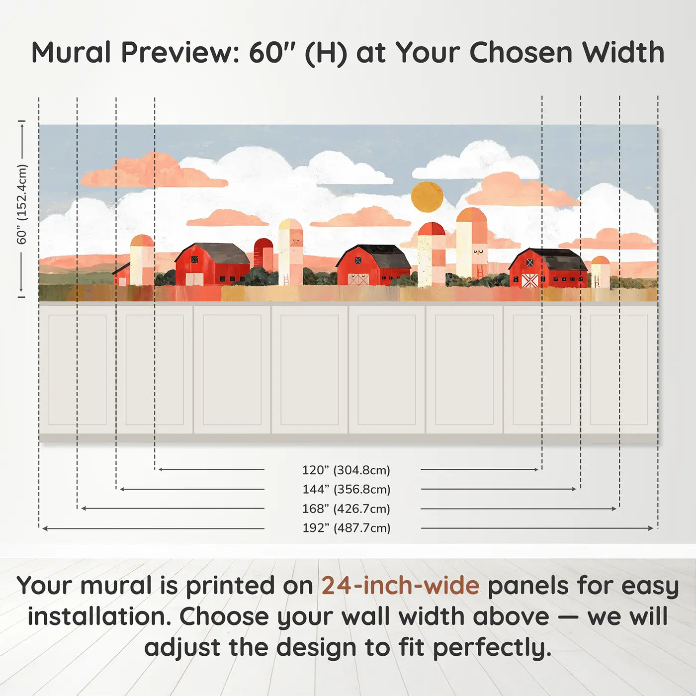 Panel dimensions for Flat Farm Barn Row Wainscoting Wallpaper by Whimsy Tots