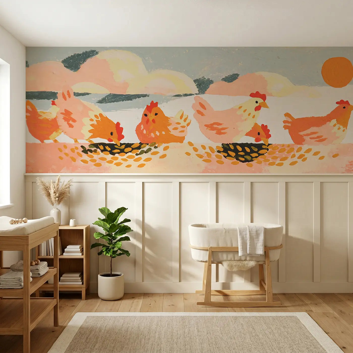 Modern Illustration chicken bold wainscoting wallpaper for nursery by Whimsy Tots.