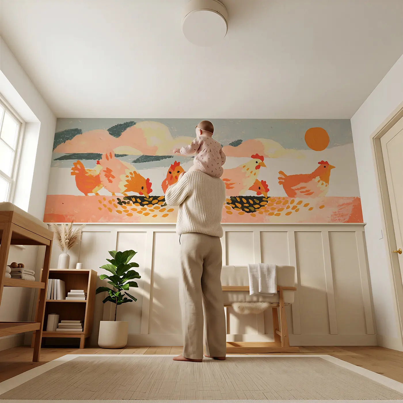 Child reading near Graphic Chicken Bold Wainscoting Wallpaper by Whimsy Tots