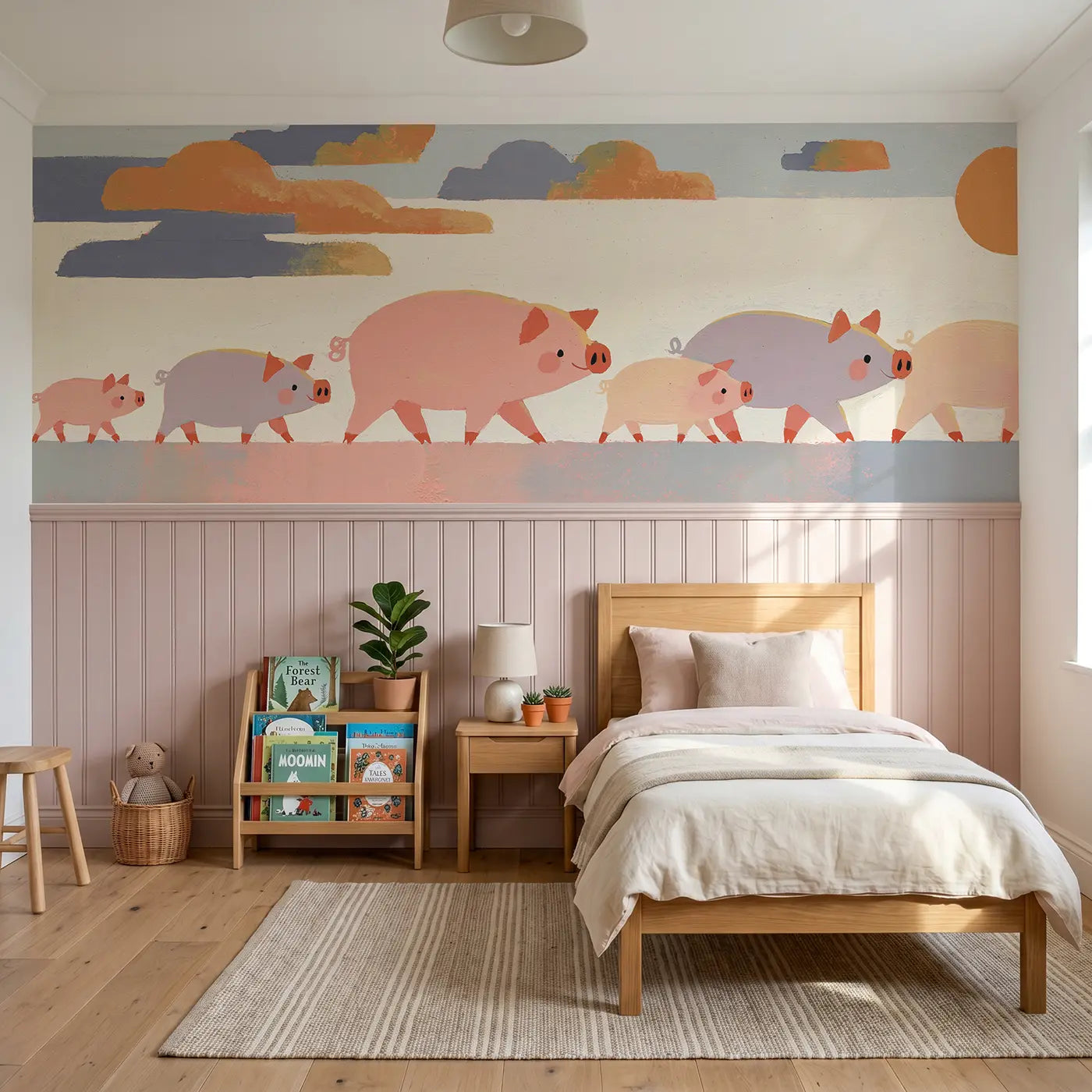 Modern Illustration pig family parade wainscoting wallpaper for nursery by Whimsy Tots.