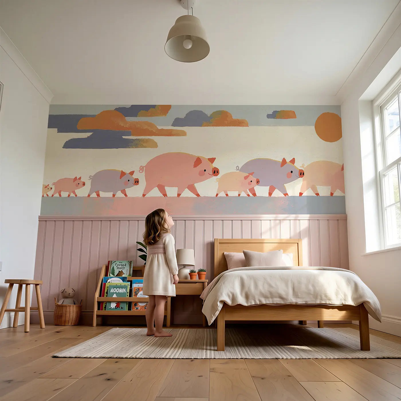 Child reading near Bold Pig Family Parade Wainscoting Wallpaper by Whimsy Tots