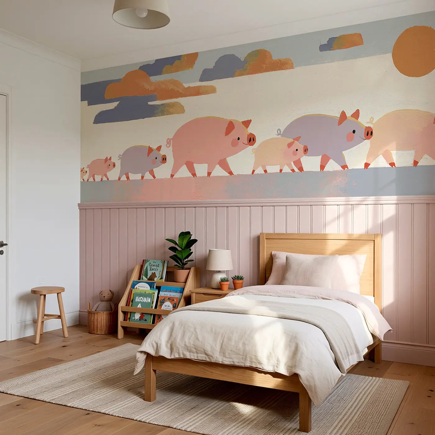 Bold Pig Family Parade Wainscoting Wallpaper styled in a kids bedroom by Whimsy Tots