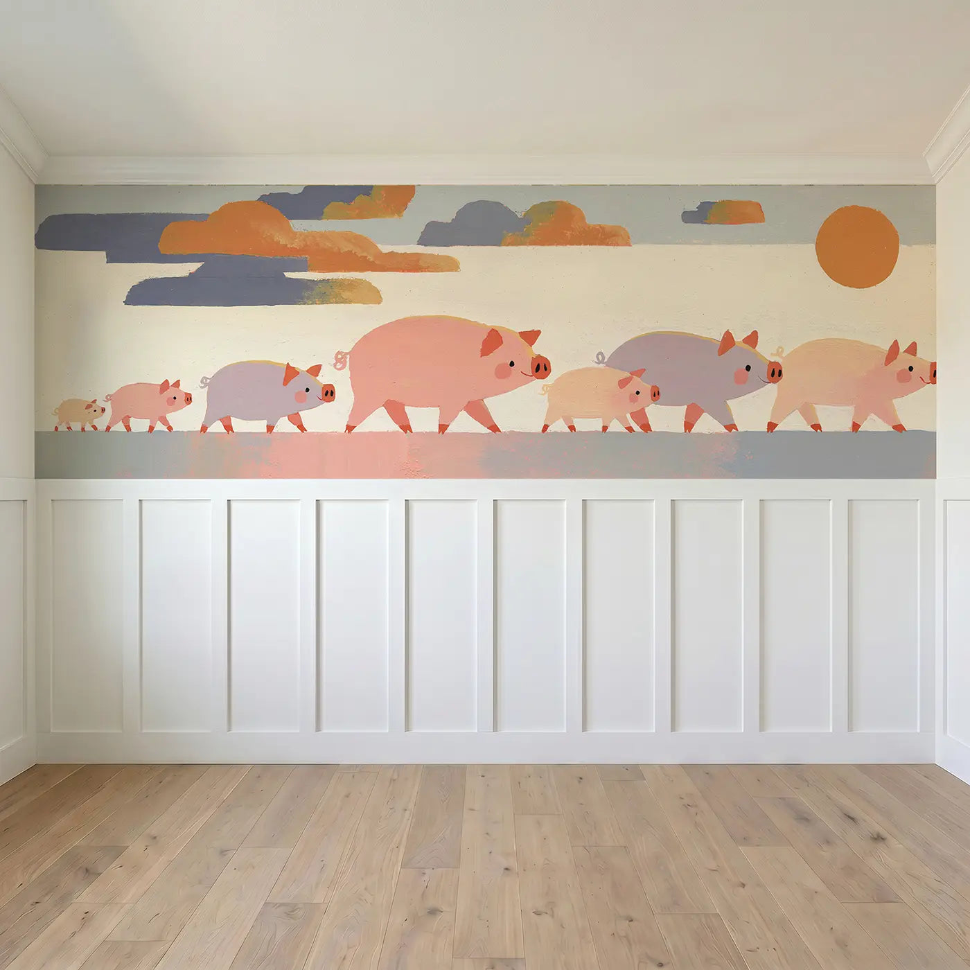 Full panel view of Bold Pig Family Parade Wainscoting Wallpaper by Whimsy Tots