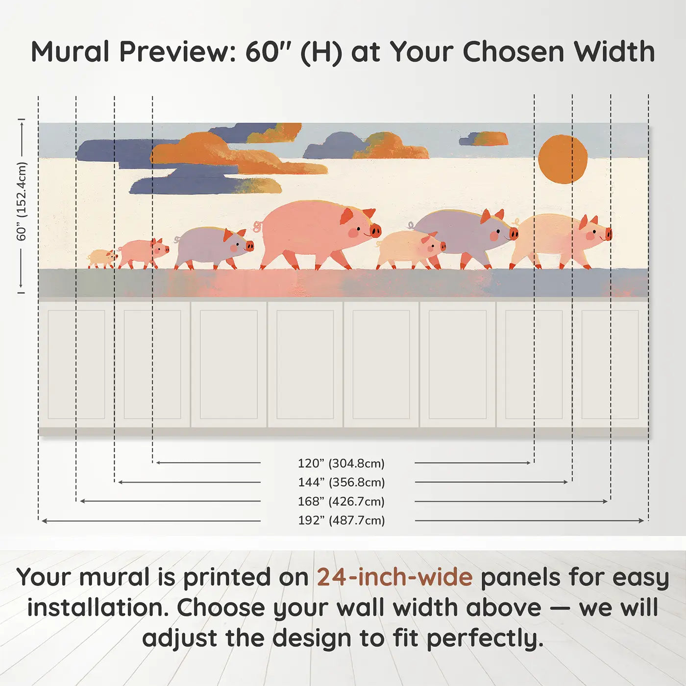 Panel dimensions for Bold Pig Family Parade Wainscoting Wallpaper by Whimsy Tots