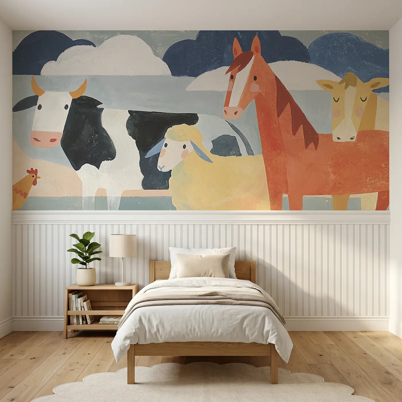 Modern Illustration farmyard friends wainscoting wallpaper for bedroom by Whimsy Tots.