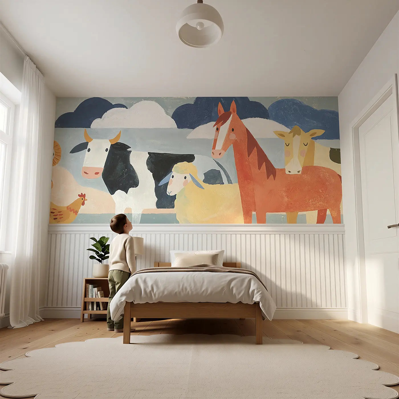 Child reading near Scandi Farmyard Friends Wainscoting Wallpaper by Whimsy Tots