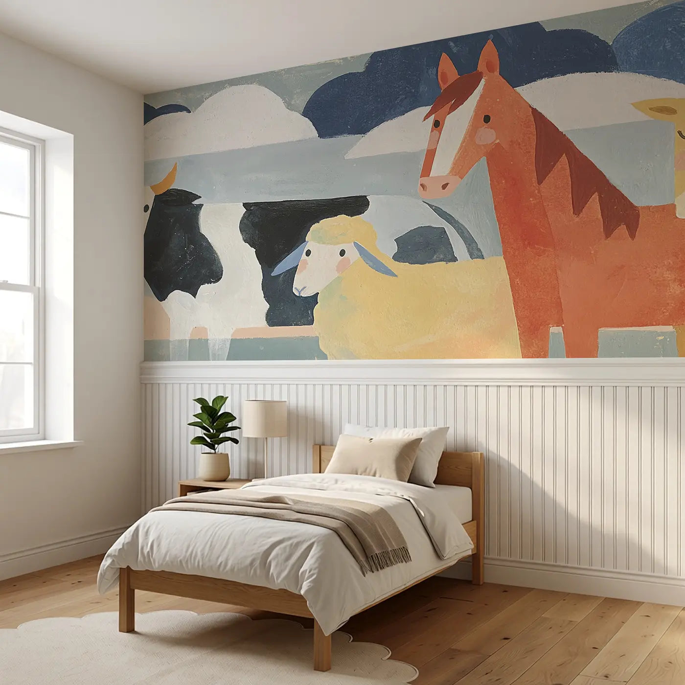 Scandi Farmyard Friends Wainscoting Wallpaper styled in a kids bedroom by Whimsy Tots