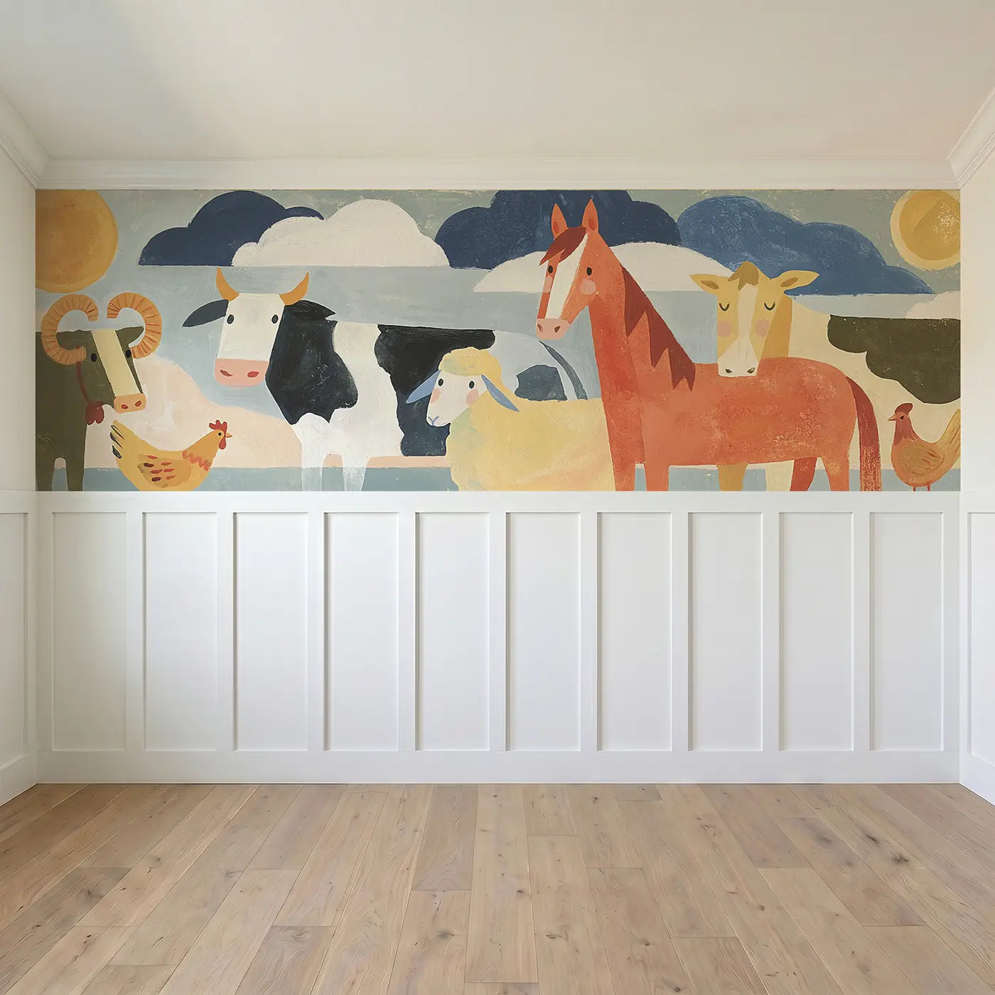 Full panel view of Scandi Farmyard Friends Wainscoting Wallpaper by Whimsy Tots