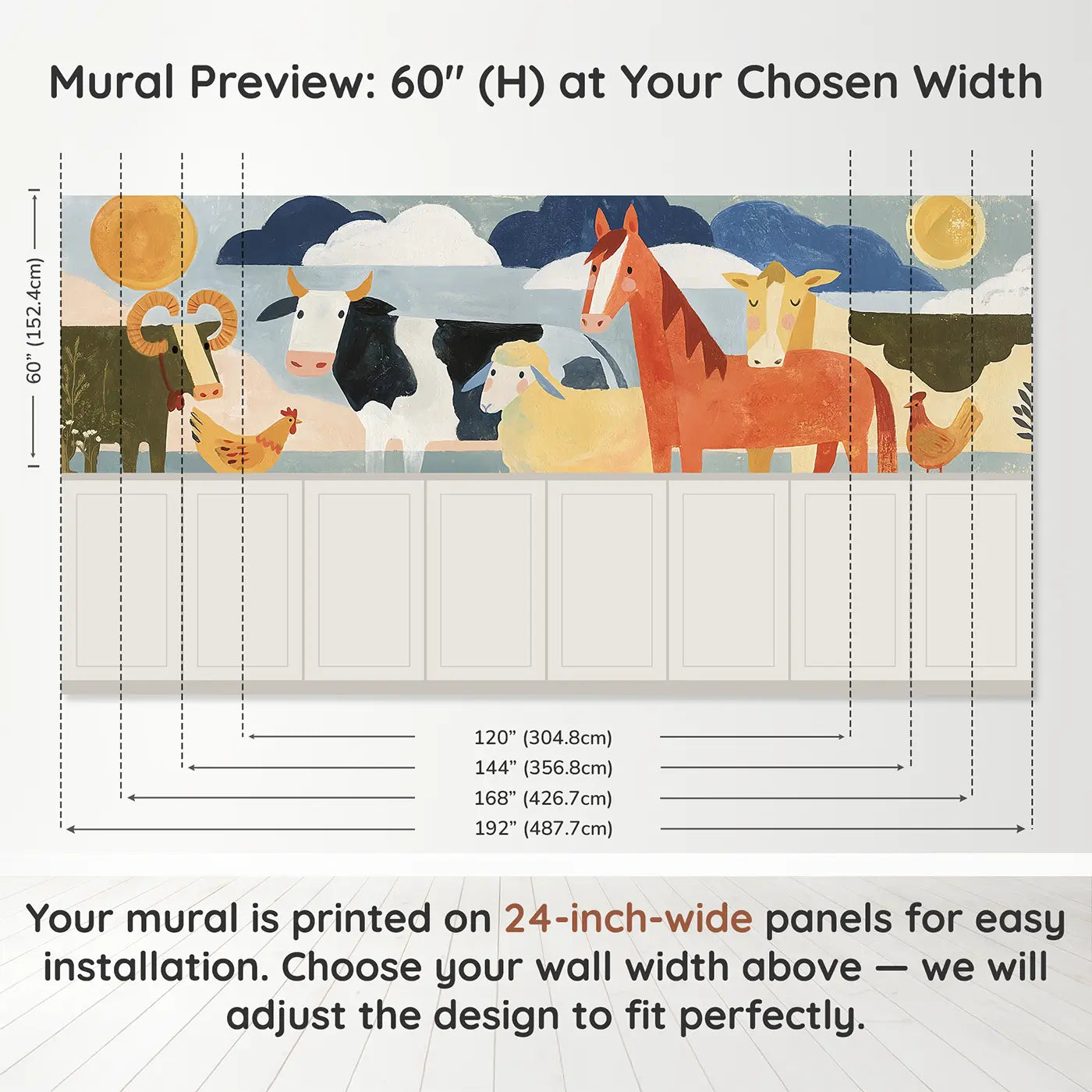 Panel dimensions for Scandi Farmyard Friends Wainscoting Wallpaper by Whimsy Tots