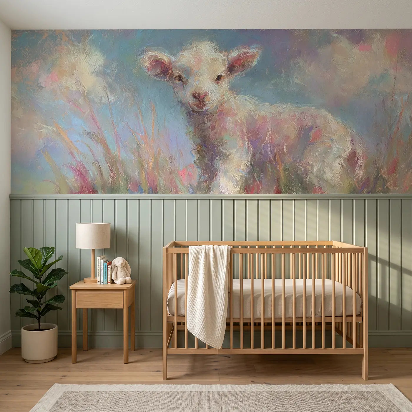 Soft Pastel baby lamb wainscoting wallpaper for nursery by Whimsy Tots.