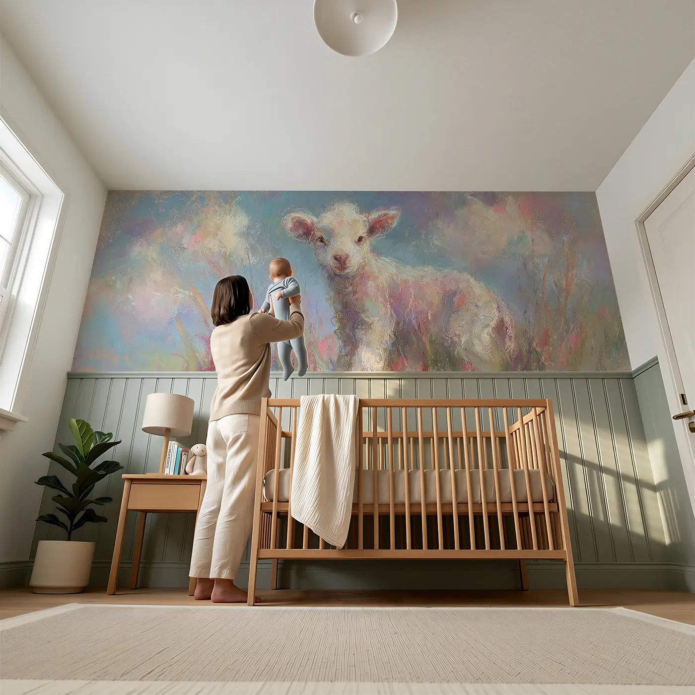 Child reading near Chalk Baby Lamb Soft Wainscoting Wallpaper by Whimsy Tots
