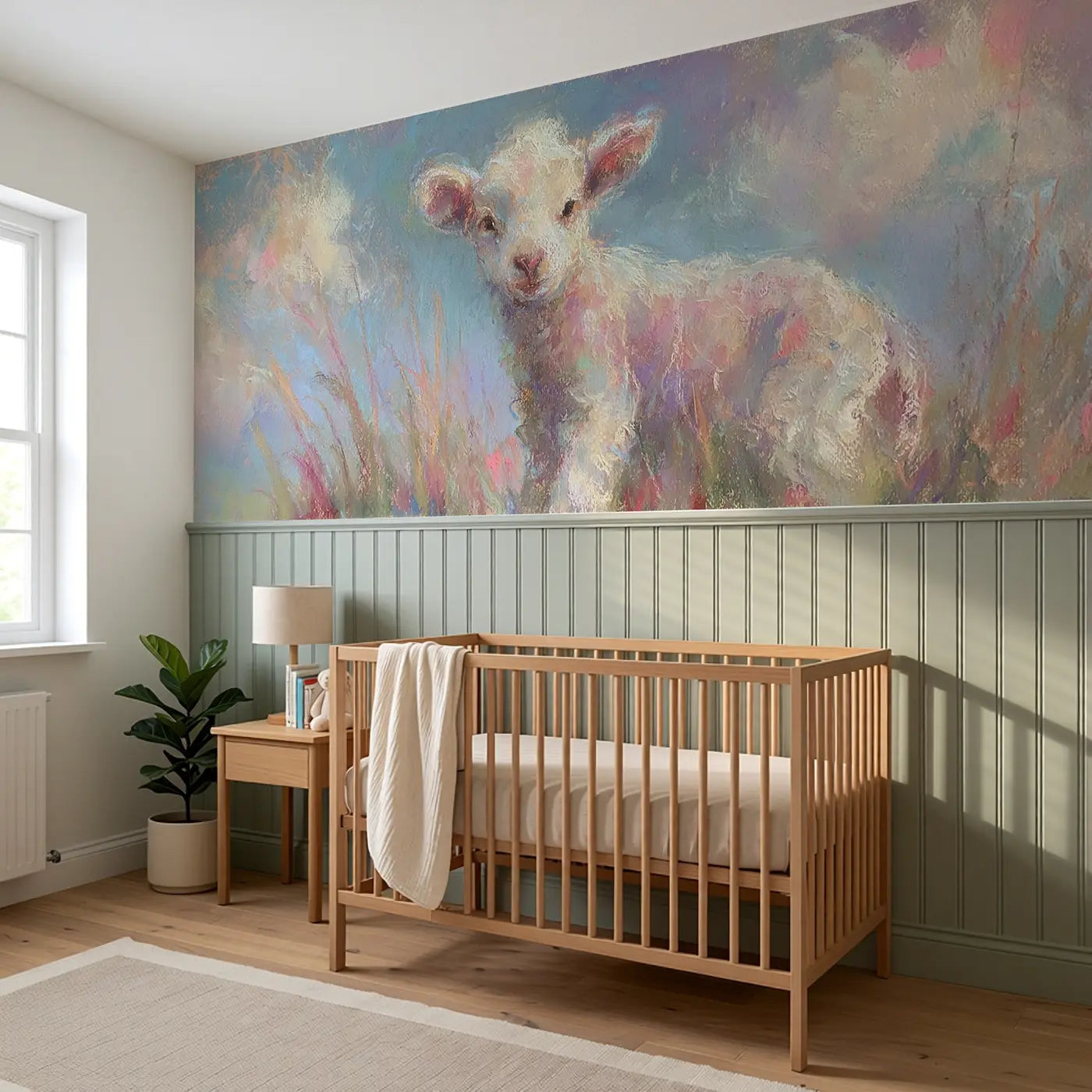Chalk Baby Lamb Soft Wainscoting Wallpaper styled in a kids bedroom by Whimsy Tots