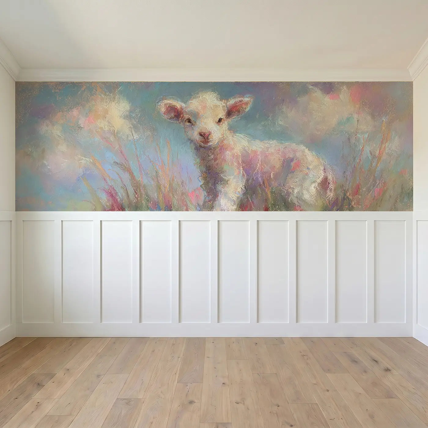 Full panel view of Chalk Baby Lamb Soft Wainscoting Wallpaper by Whimsy Tots
