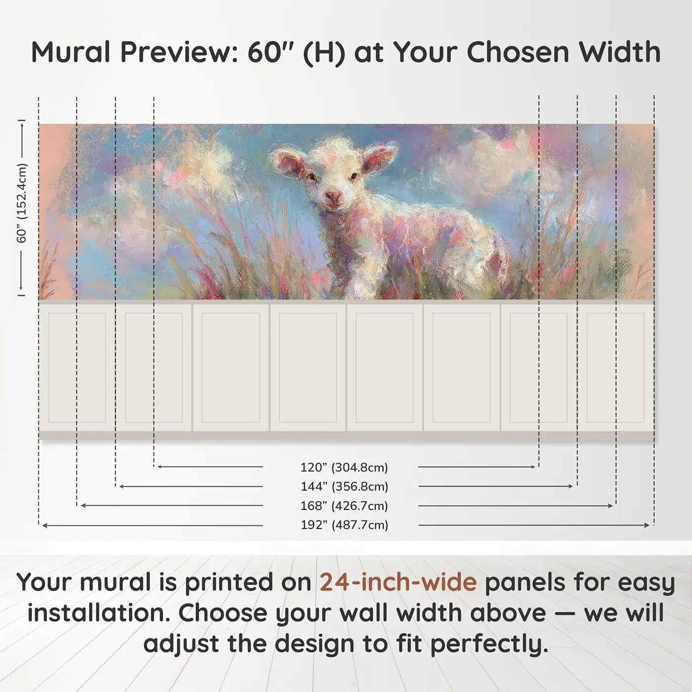 Panel dimensions for Chalk Baby Lamb Soft Wainscoting Wallpaper by Whimsy Tots