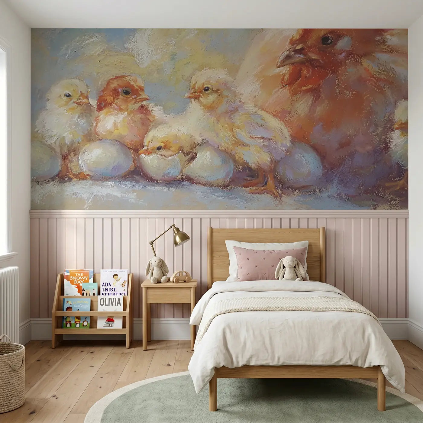 Soft Pastel chick hatch day wainscoting wallpaper for nursery by Whimsy Tots.