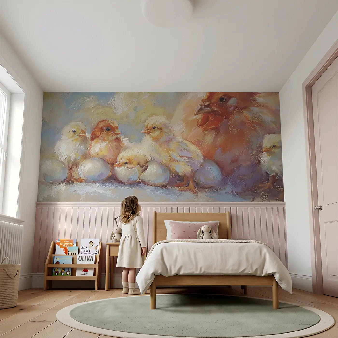 Child reading near Pastel Chick Hatch Day Wainscoting Wallpaper by Whimsy Tots