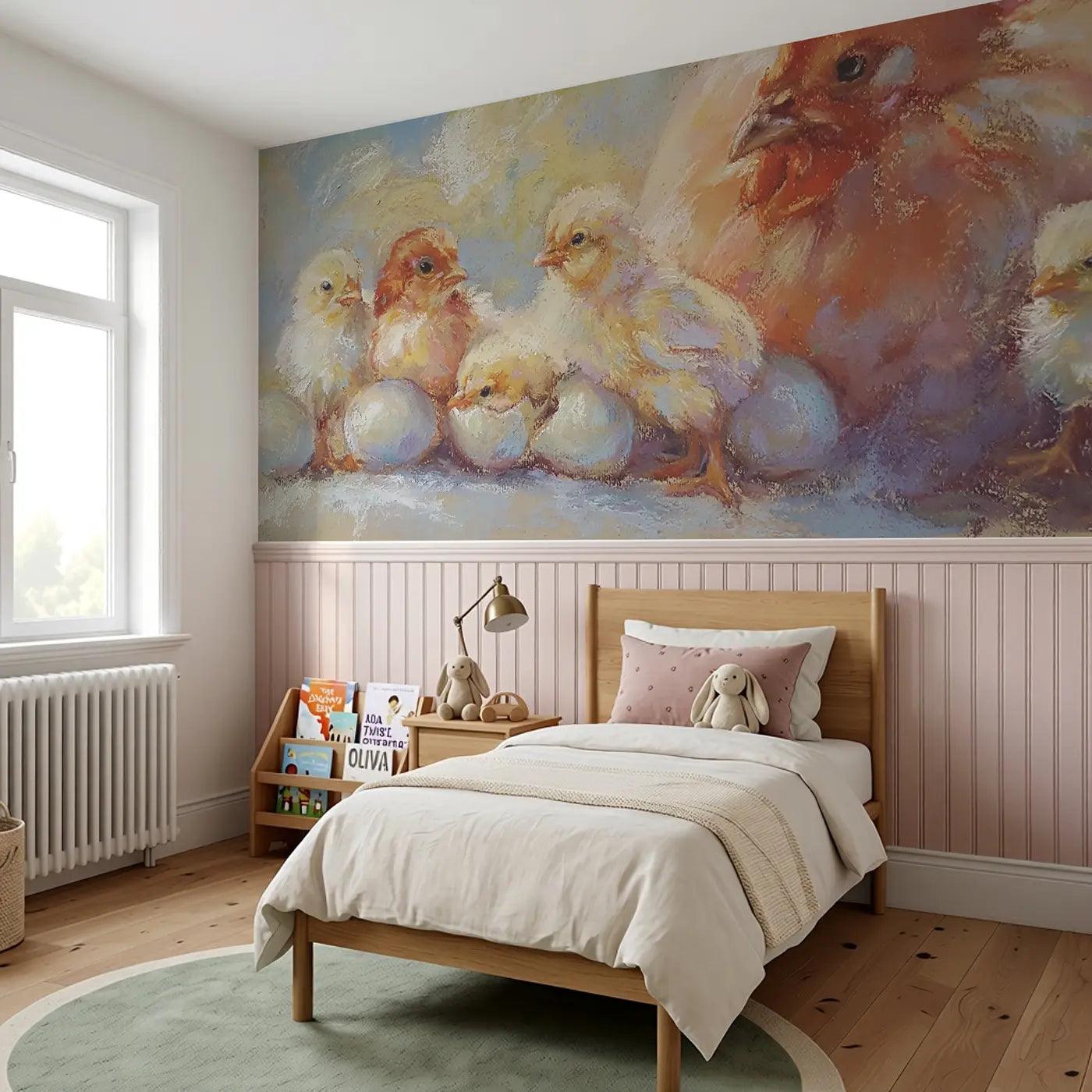 Pastel Chick Hatch Day Wainscoting Wallpaper styled in a kids bedroom by Whimsy Tots