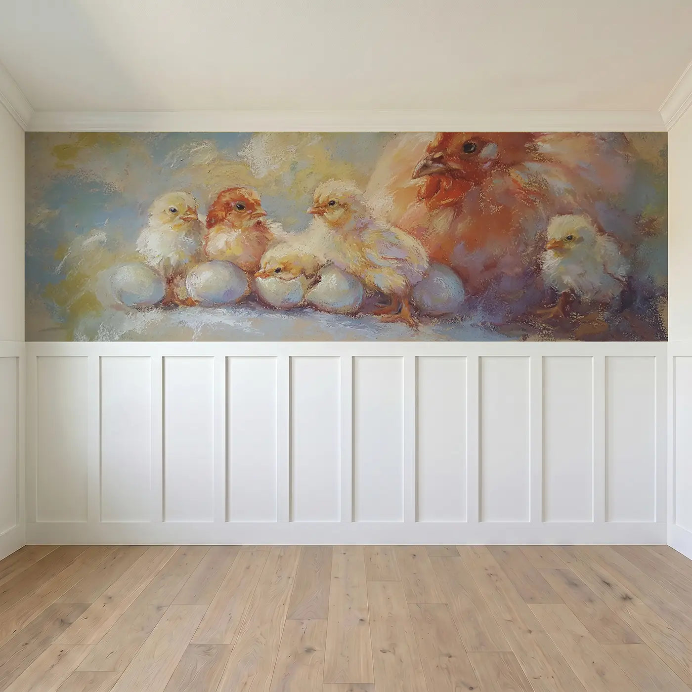 Full panel view of Pastel Chick Hatch Day Wainscoting Wallpaper by Whimsy Tots