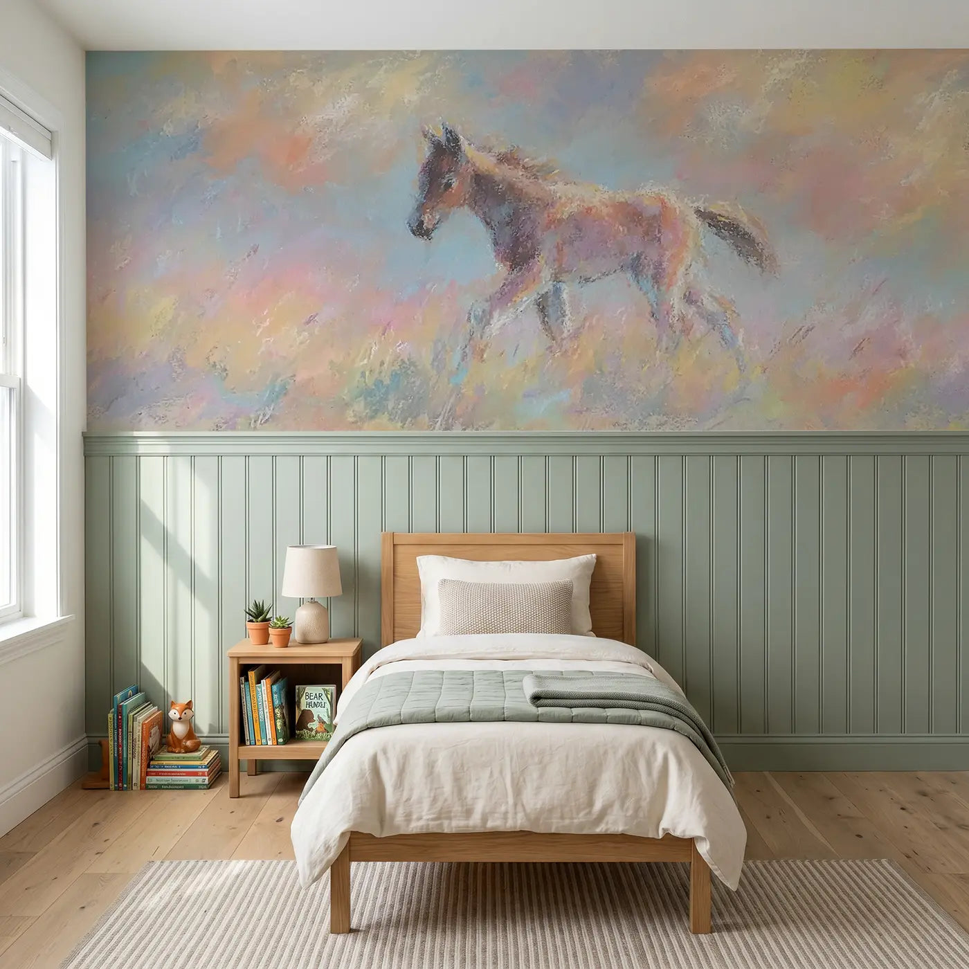 Soft Pastel foal meadow walk wainscoting wallpaper for nursery by Whimsy Tots.