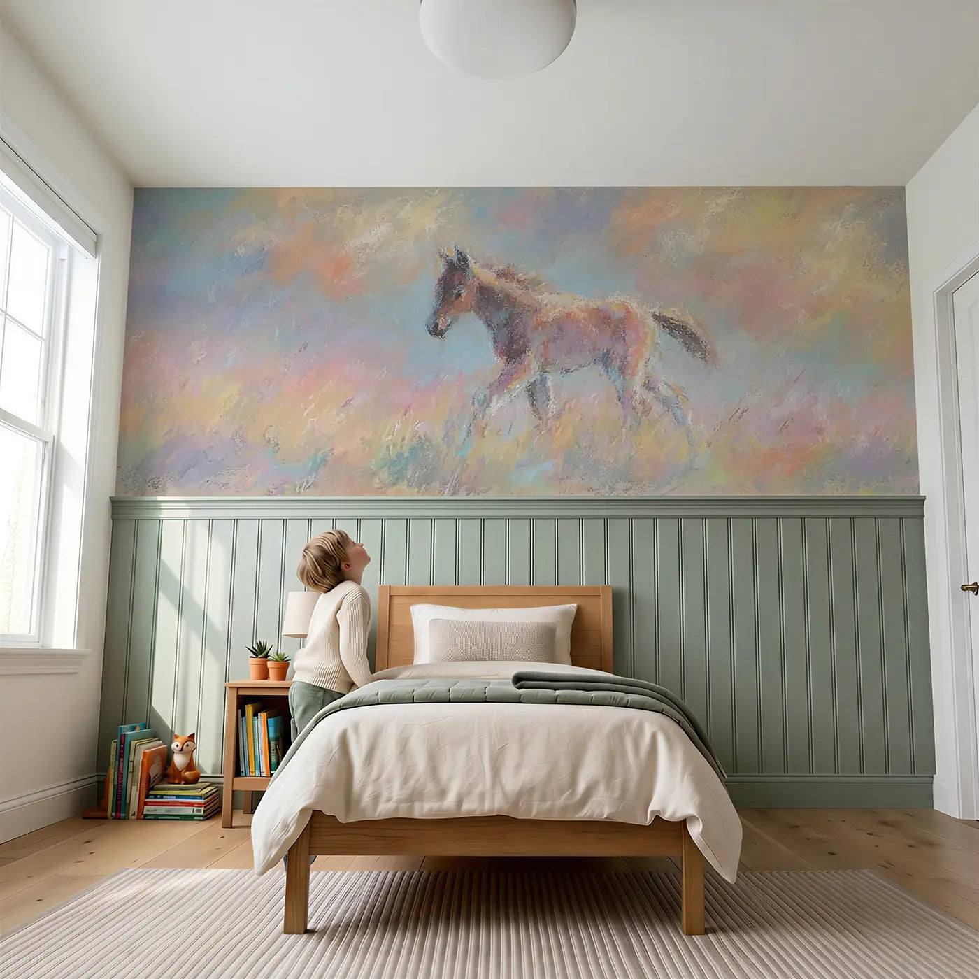 Child reading near Fuzzy Foal Meadow Walk Wainscoting Wallpaper by Whimsy Tots