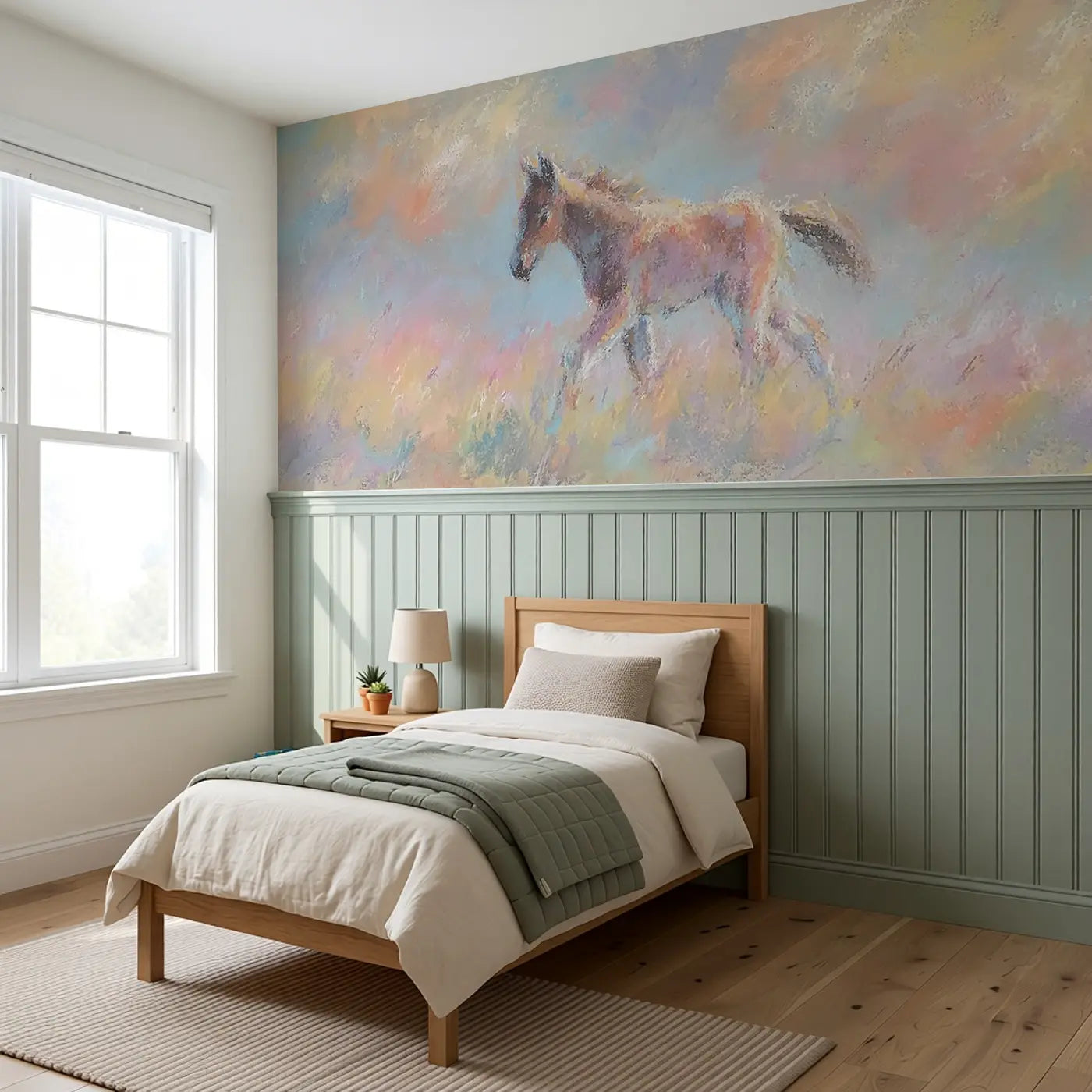 Fuzzy Foal Meadow Walk Wainscoting Wallpaper styled in a kids bedroom by Whimsy Tots