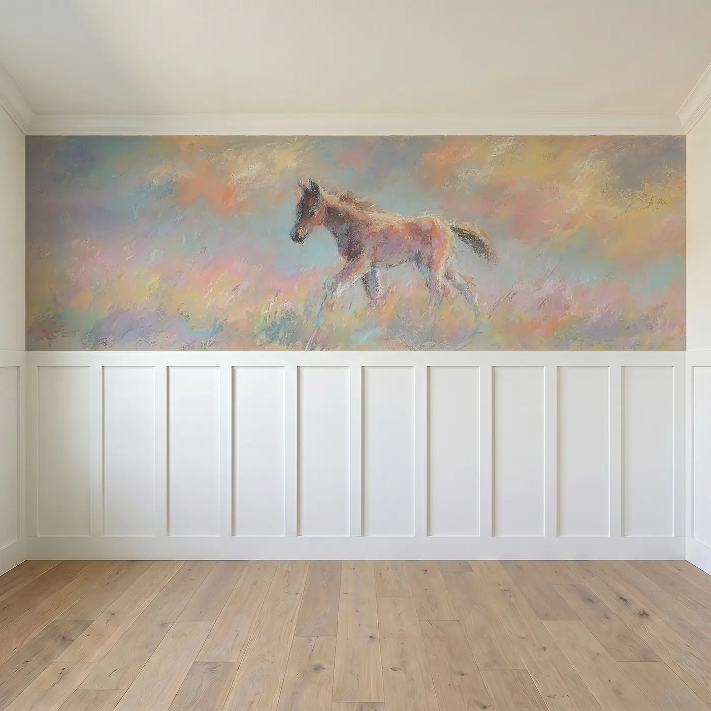 Full panel view of Fuzzy Foal Meadow Walk Wainscoting Wallpaper by Whimsy Tots