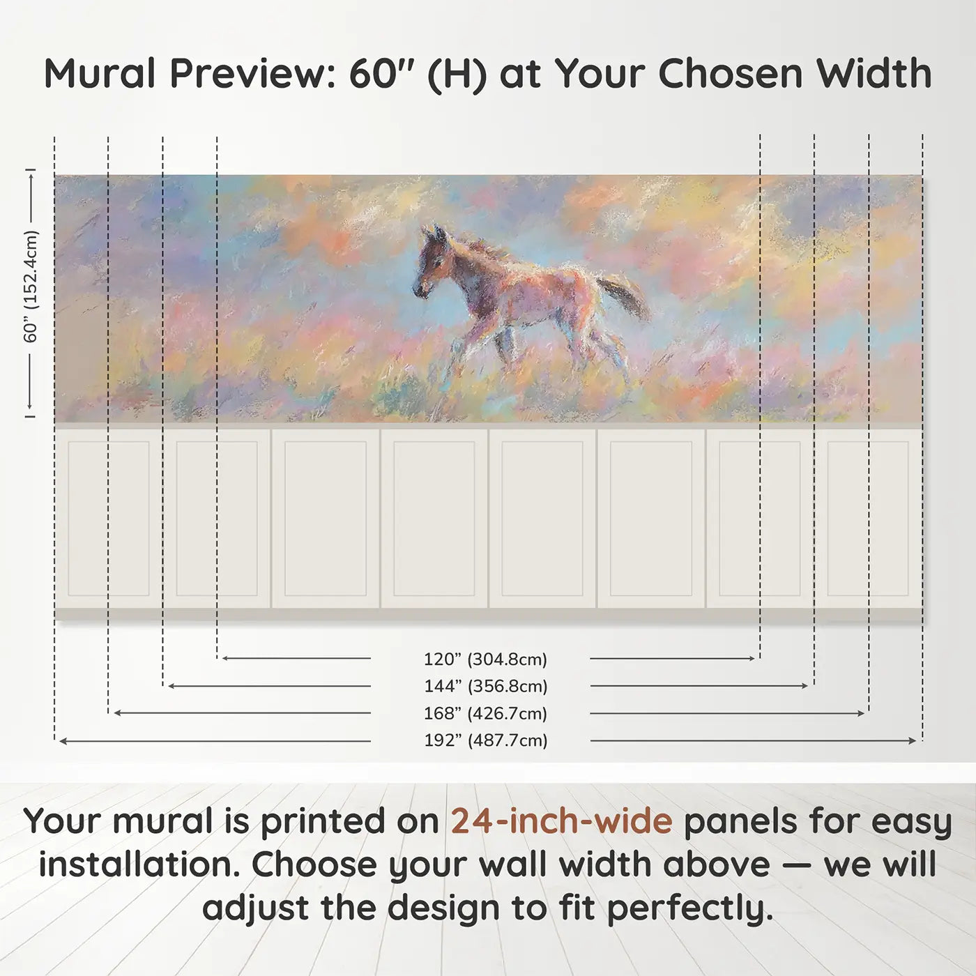 Panel dimensions for Fuzzy Foal Meadow Walk Wainscoting Wallpaper by Whimsy Tots