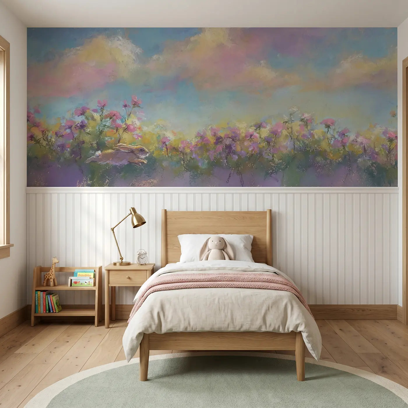 Soft Pastel bunny farm field wainscoting wallpaper for nursery by Whimsy Tots.