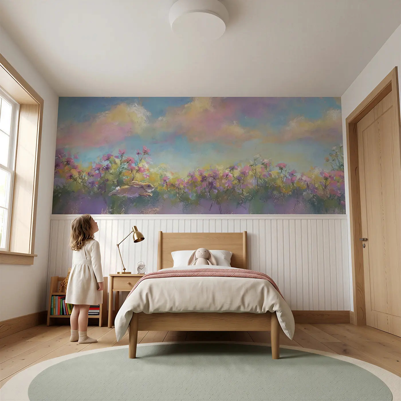 Child reading near Chalk Bunny Farm Field Wainscoting Wallpaper by Whimsy Tots