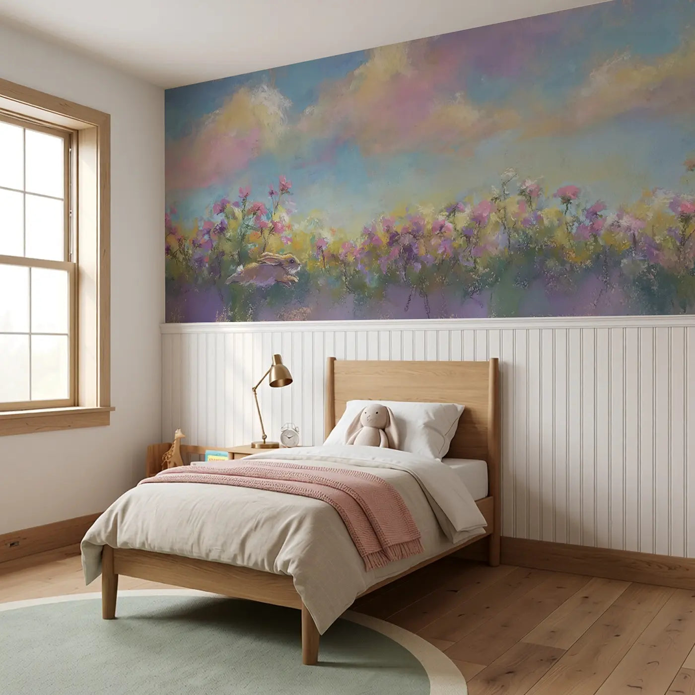 Chalk Bunny Farm Field Wainscoting Wallpaper styled in a kids bedroom by Whimsy Tots