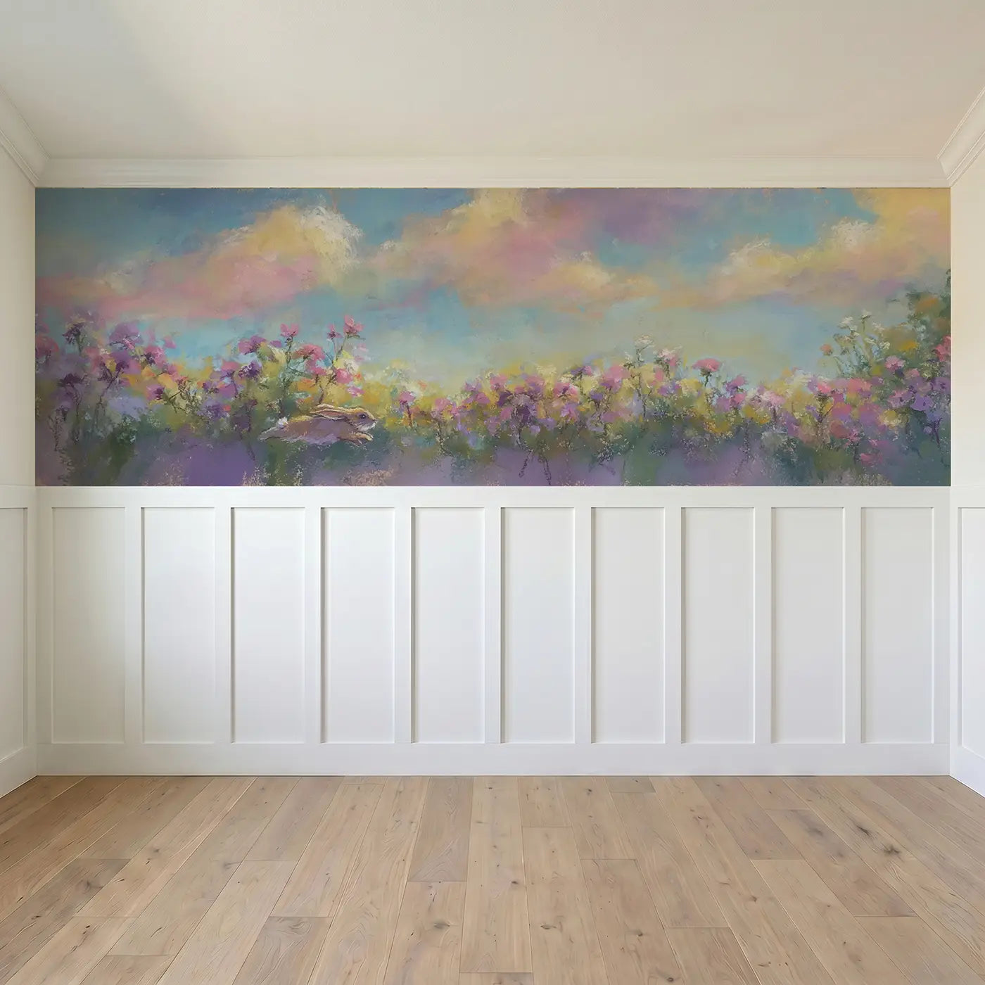 Full panel view of Chalk Bunny Farm Field Wainscoting Wallpaper by Whimsy Tots