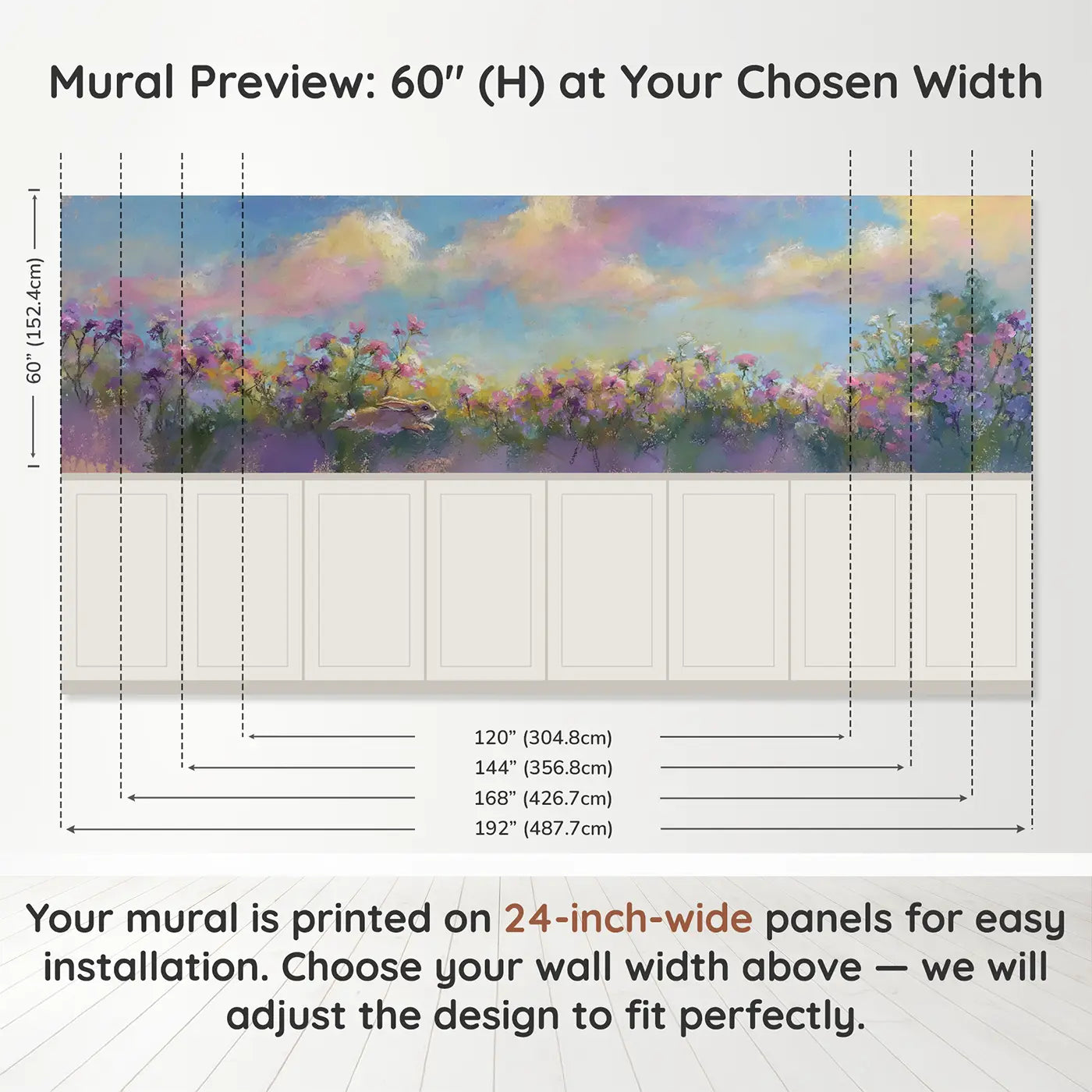 Panel dimensions for Chalk Bunny Farm Field Wainscoting Wallpaper by Whimsy Tots