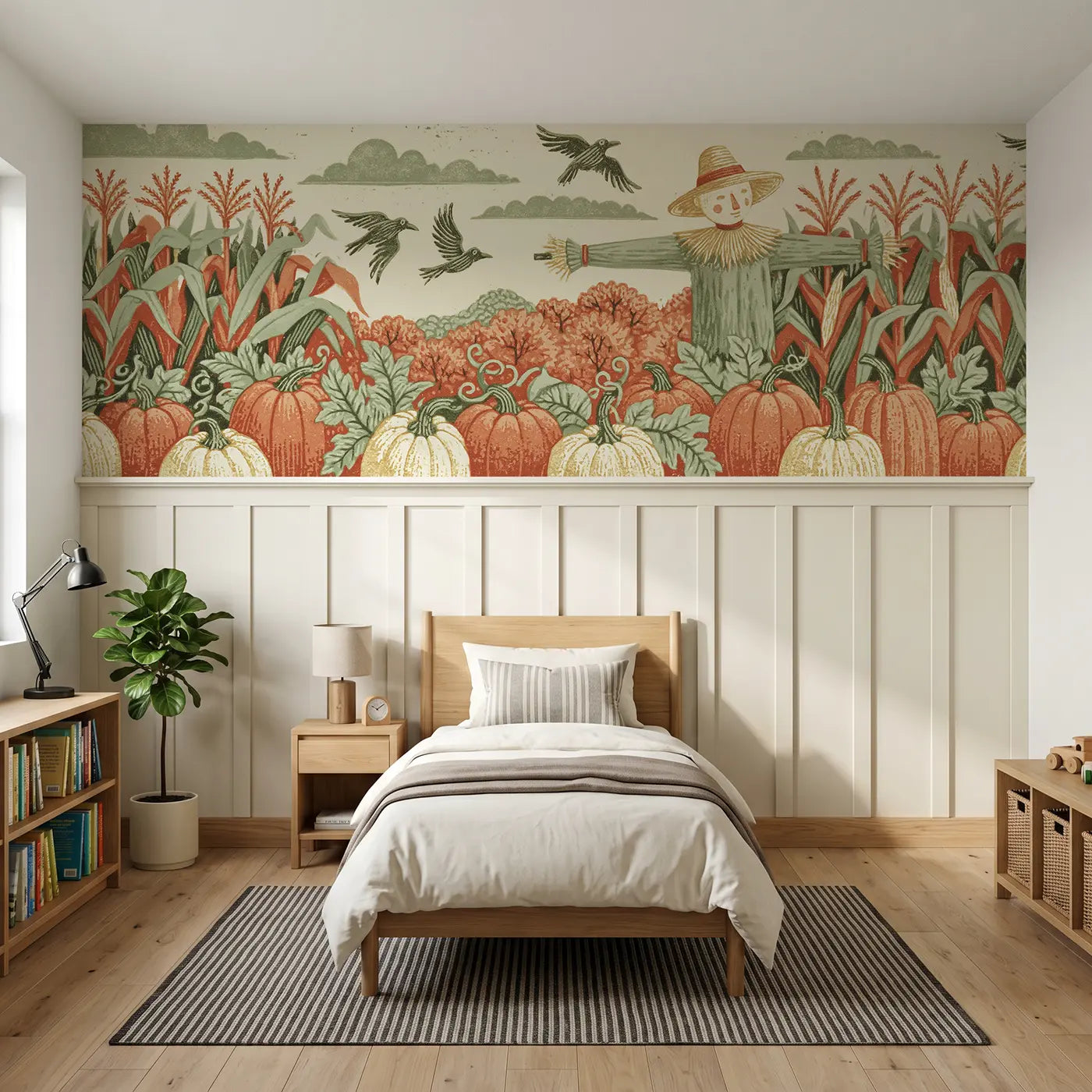 Block Print scarecrow folk band wainscoting wallpaper for bedroom by Whimsy Tots.