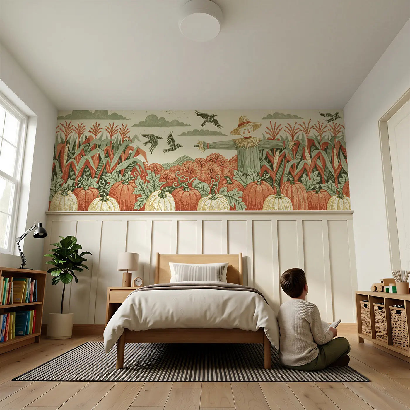 Child reading near Carved Scarecrow Folk Band Wainscoting Wallpaper by Whimsy Tots