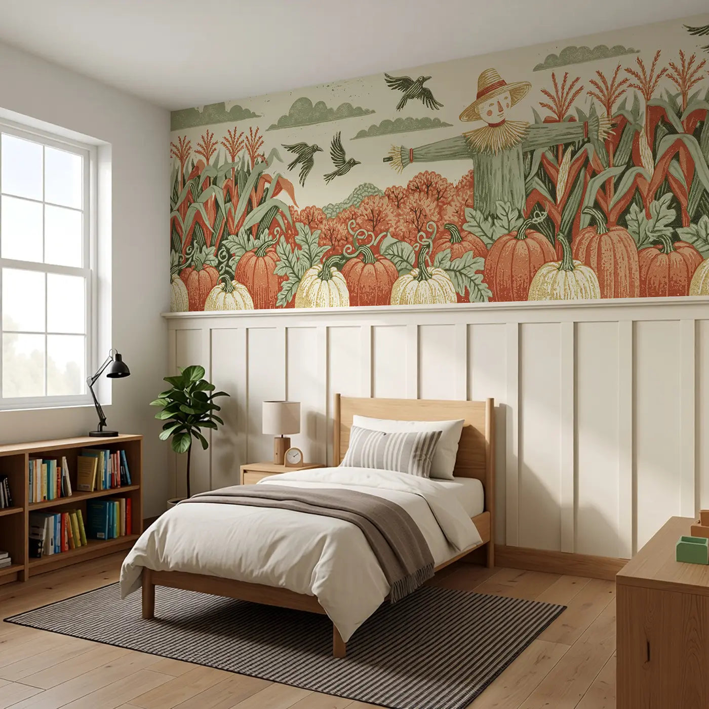 Carved Scarecrow Folk Band Wainscoting Wallpaper styled in a kids bedroom by Whimsy Tots