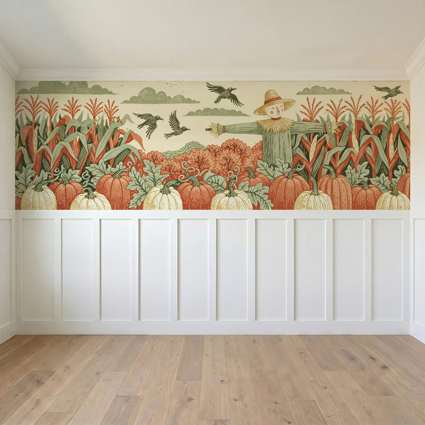 Full panel view of Carved Scarecrow Folk Band Wainscoting Wallpaper by Whimsy Tots