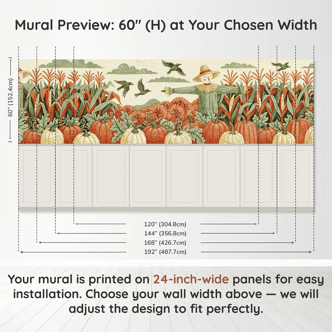 Panel dimensions for Carved Scarecrow Folk Band Wainscoting Wallpaper by Whimsy Tots