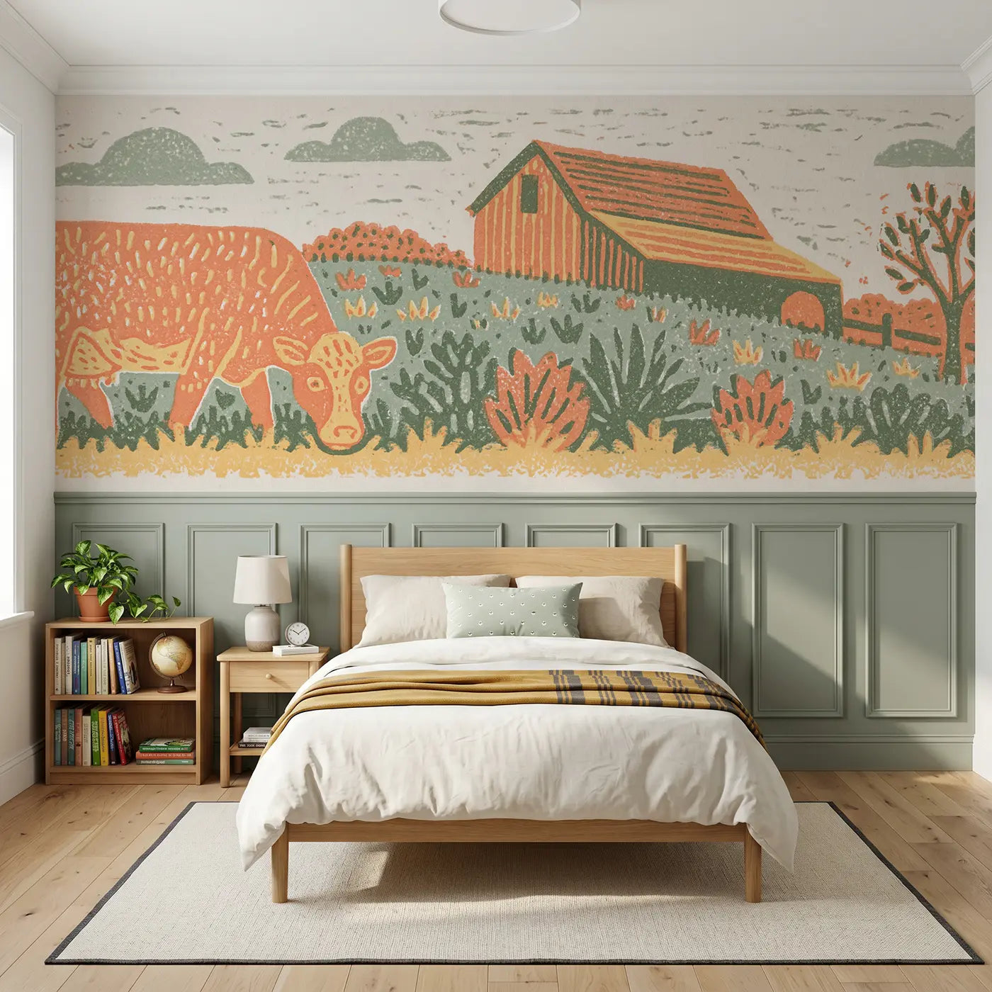 Block Print cow pasture wainscoting wallpaper for bedroom by Whimsy Tots.