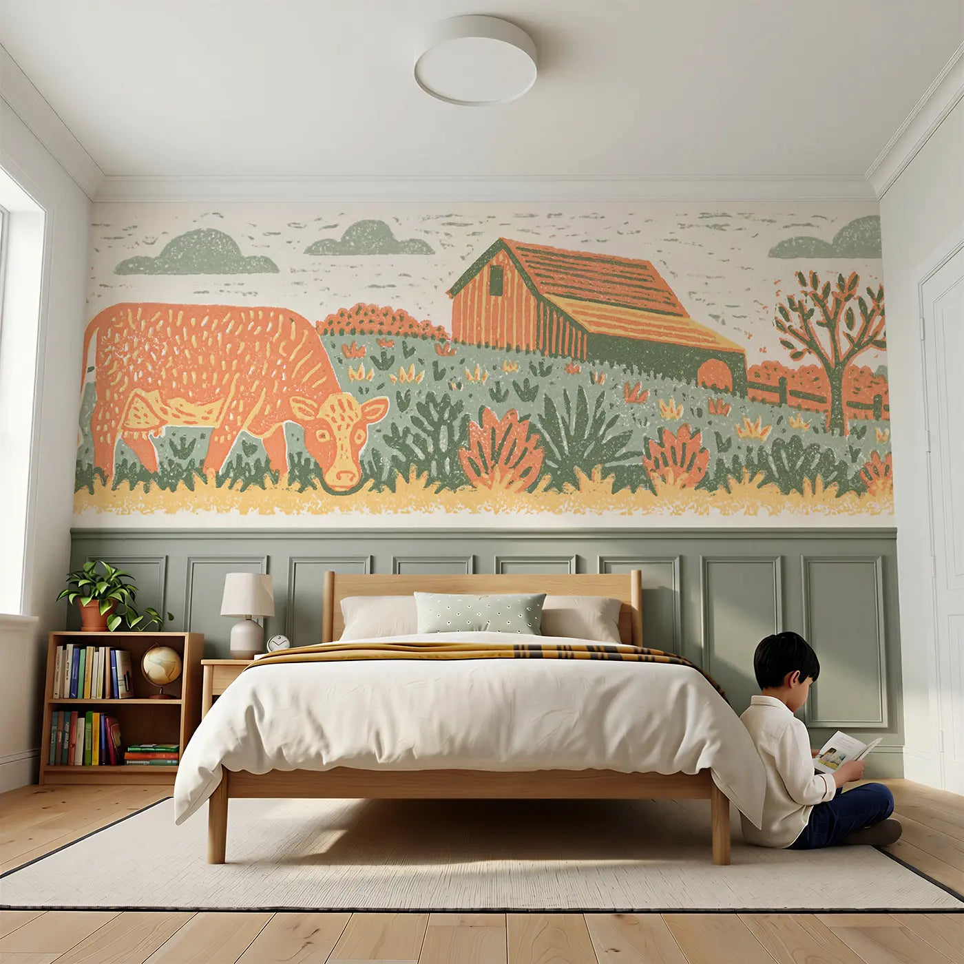 Child reading near Block Print Cow Pasture Wainscoting Wallpaper by Whimsy Tots