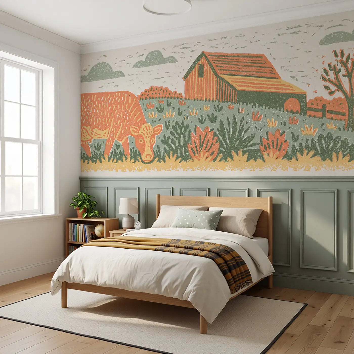 Block Print Cow Pasture Wainscoting Wallpaper styled in a kids bedroom by Whimsy Tots